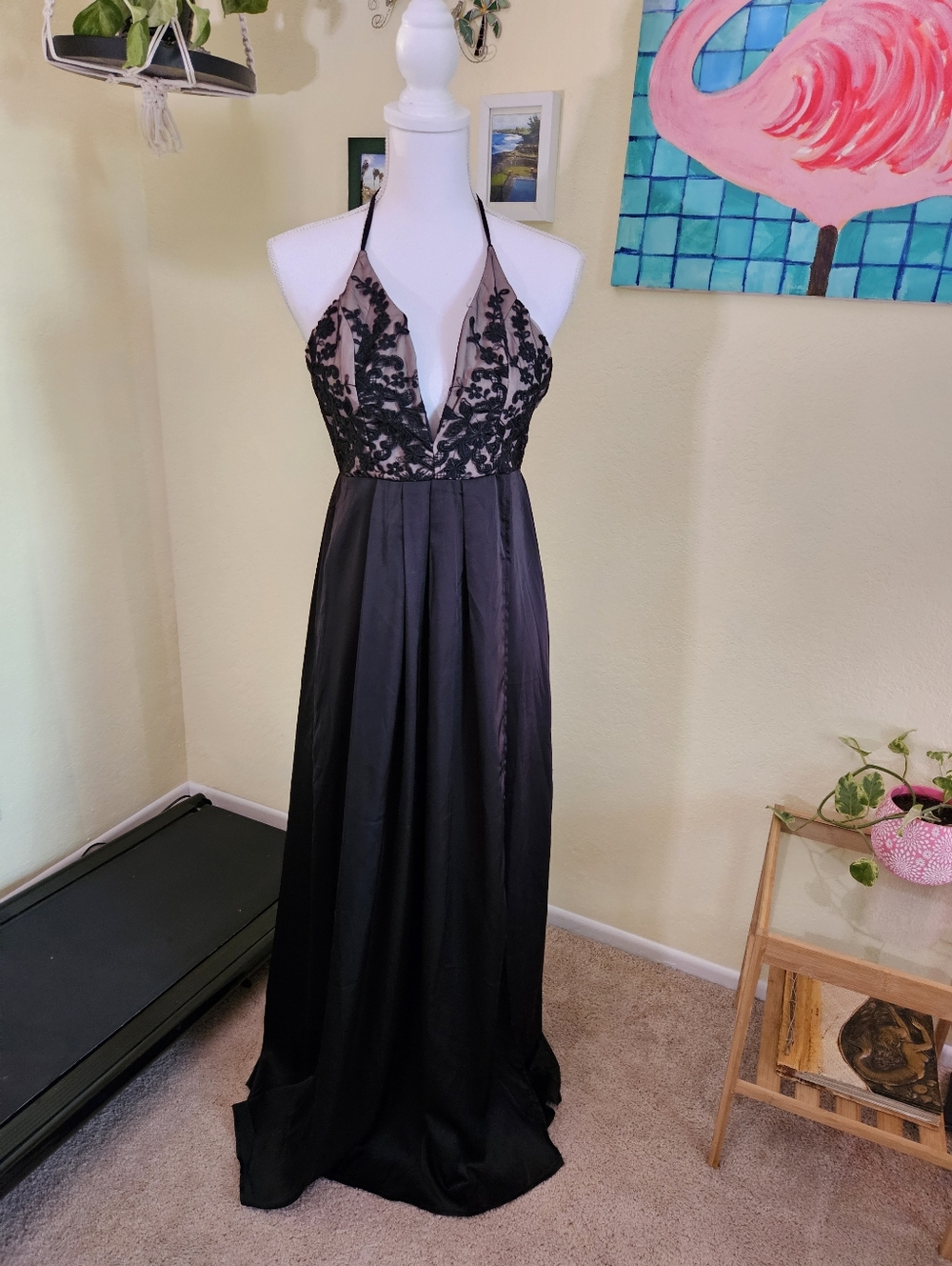 Shareen Elegant Black Halter Lace Bodice Maxi Dress.
